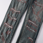 Purple Red Distressed Patch Jeans